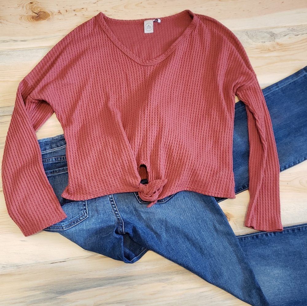 Paper Crane Medium tie front waffle knit shirt